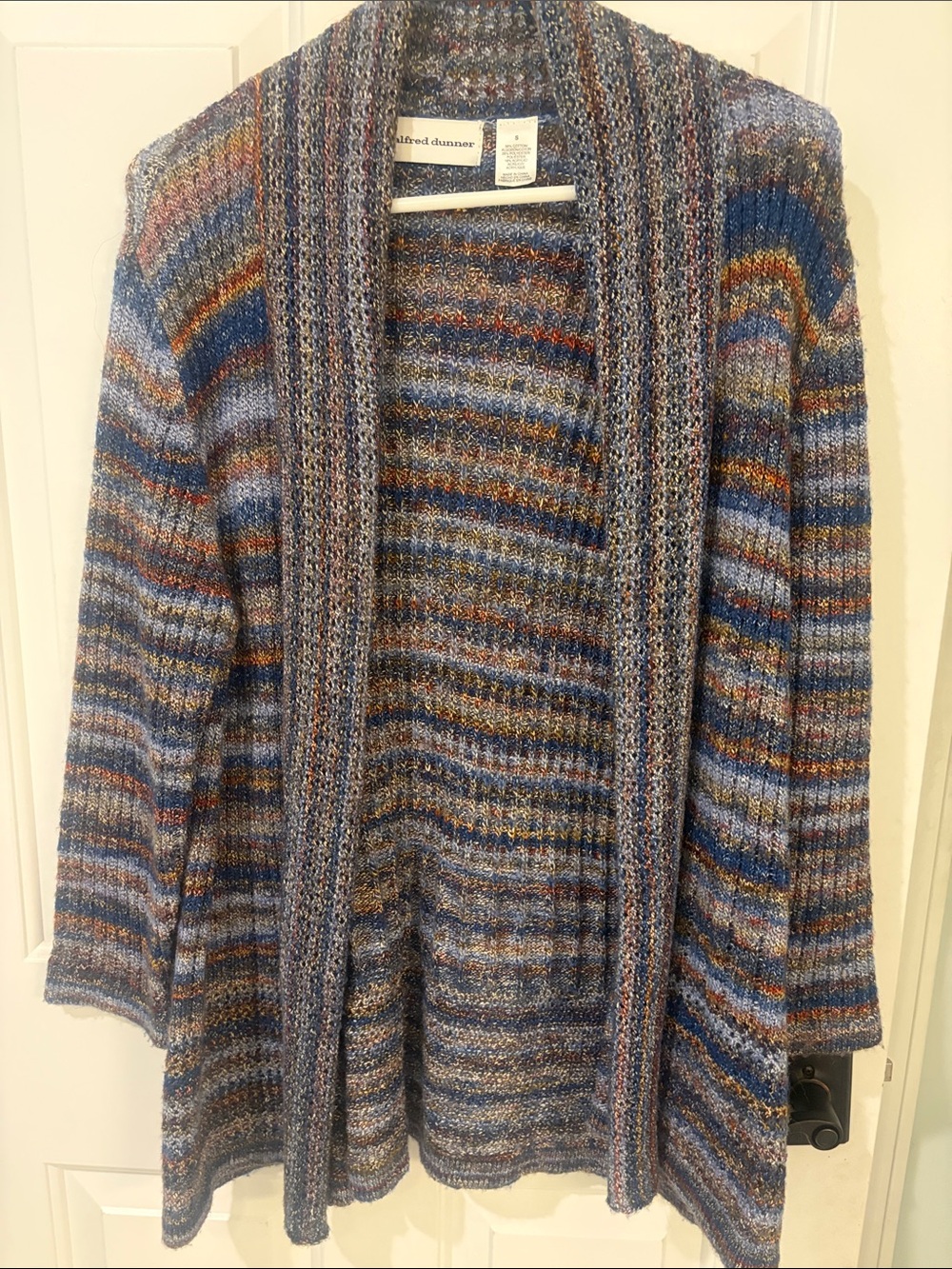 Alfred Dunner Blue Multi Striped Open-Front Cardigan. Size S